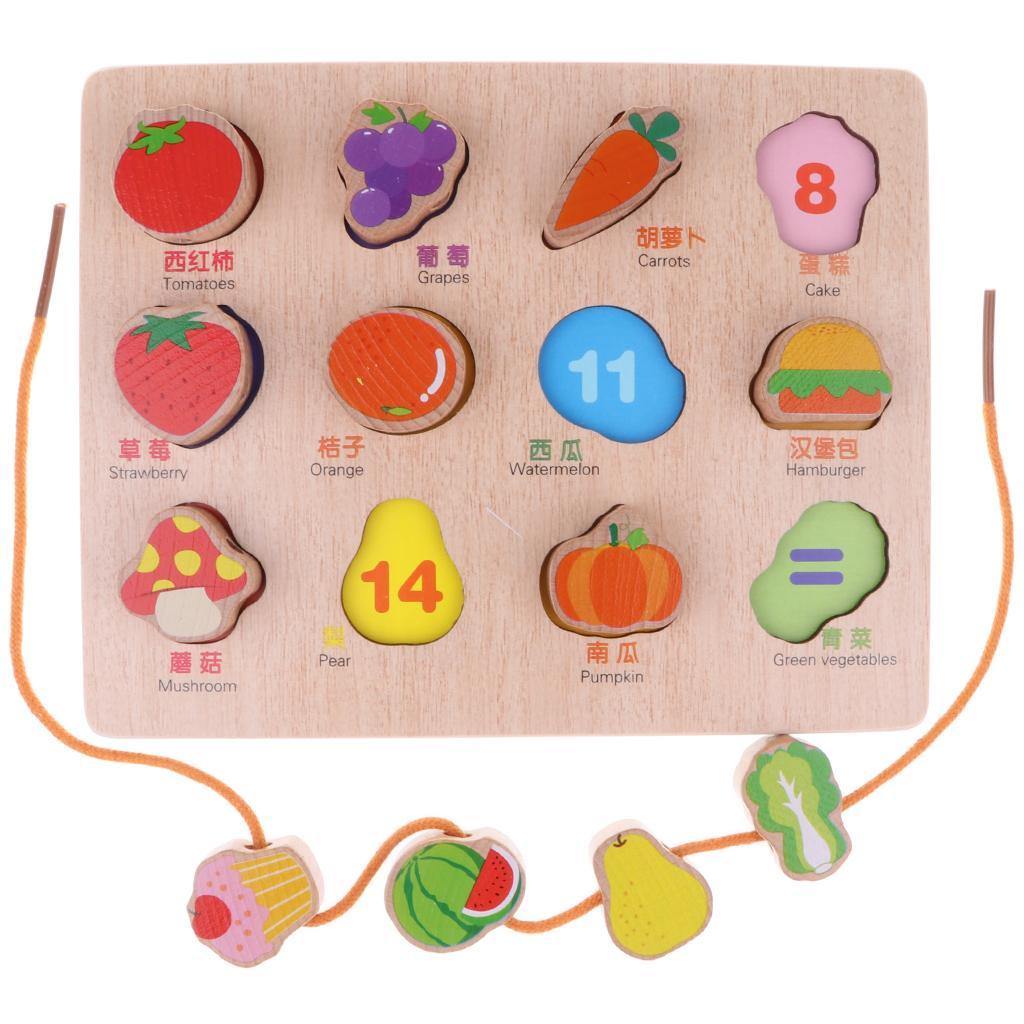 Maxbell Maxbell 2-in-1 Wooden Cartoon Jigsaw Puzzles Blocks Board & Beads Threading   Educational Toy Play Activity- Fruits
