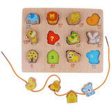 Maxbell 2-in-1 Wooden Cartoon Jigsaw Puzzles Blocks Board & Beads Threading Educational Toy Play Activity- Animal - Aladdin Shoppers