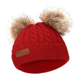 Maxbell Boys Girls Pom Poms Hat Thick Warm Winter Soft Cotton Knitted Beanies red