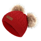 Maxbell Boys Girls Pom Poms Hat Thick Warm Winter Soft Cotton Knitted Beanies red