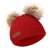 Maxbell Boys Girls Pom Poms Hat Thick Warm Winter Soft Cotton Knitted Beanies red