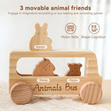Maxbell Wooden Bus Set with 3 Animals Figures for Preschool Boys Girls Birthday Gift