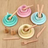 Maxbell Wooden Toy Plates Dishes Cups Simulation Play Kitchen Dish Set for Kids Boys