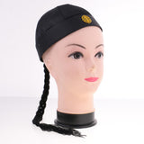 Maxbell 4 Piece Adult Men Black Chinese Oriental Cap with Ponytail Party Costume Hat
