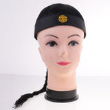 Maxbell 4 Piece Adult Men Black Chinese Oriental Cap with Ponytail Party Costume Hat