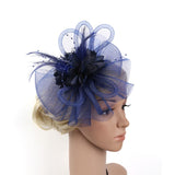 Lady Fascinator Headband Veil Feather Hat Cocktail Party Costume Dark blue