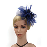 Lady Fascinator Headband Veil Feather Hat Cocktail Party Costume Dark blue