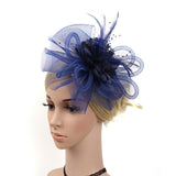 Lady Fascinator Headband Veil Feather Hat Cocktail Party Costume Dark blue