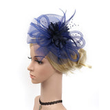 Lady Fascinator Headband Veil Feather Hat Cocktail Party Costume Dark blue