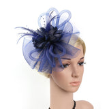 Lady Fascinator Headband Veil Feather Hat Cocktail Party Costume Dark blue