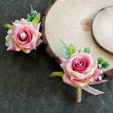 Maxbell 2pcs Wedding Party Rose Silk Flower Boutonniere Corsage Fushia & Champagne