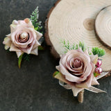 2Pcs Romantic Wedding Party Rose Silk Flower Boutonniere Corsage Dusty Pink