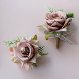 2Pcs Romantic Wedding Party Rose Silk Flower Boutonniere Corsage Dusty Pink