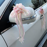 Maxbell 2pcs Artificial Ribbon Flowers Wedding Car Mirror Door Handles Decor Pink