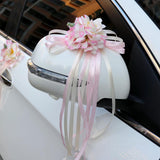 Maxbell 2pcs Artificial Ribbon Flowers Wedding Car Mirror Door Handles Decor Pink