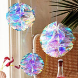 Maxbell Pack of 3 Rainbow Film Foil Gradient Hanging Honeycomb Flower Ball Wedding Venue Decor - Aladdin Shoppers