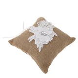 Maxbell Retro Engagement Wedding Ring Pillow, Rhinestones Flower Burlap Hessian Cushion Bearer Holder 7.48x7.48x3.54inch