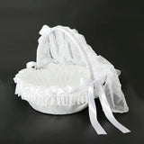 Wedding Flower Girl Basket Embellished With Tulle Lace Flower Rhinestone Pearls Ribbon Bow Decor White - Aladdin Shoppers