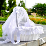Wedding Flower Girl Basket Embellished With Tulle Lace Flower Rhinestone Pearls Ribbon Bow Decor White - Aladdin Shoppers