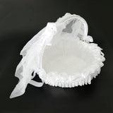 Wedding Flower Girl Basket Embellished With Tulle Lace Flower Rhinestone Pearls Ribbon Bow Decor White - Aladdin Shoppers