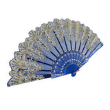 Maxbell Hand Held Flower Lace Silk Cloth Folding Fan for Party Wedding royal blue