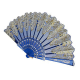 Maxbell Hand Held Flower Lace Silk Cloth Folding Fan for Party Wedding royal blue