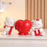 3Pcs Chinese Couple Cat Statues Gifts Tabletop for Entryway Bedroom New Year