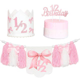 Maxbell 1/2 Birthday Crown Hat Bow Girls Decor Decorative for Cake Smash Photo Props Pink