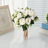 Maxbell Artificial Rose Flowers Party Centerpiece Ceremony Wedding Bouquet for Bride Light White