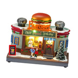 Maxbell Christmas Village House Statue LED Lighted Fast Food Figurine for Countertop Hamburger Shape