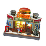 Maxbell Christmas Village House Statue LED Lighted Fast Food Figurine for Countertop Hamburger Shape
