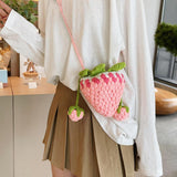 Maxbell Knitted Shoulder Bag Strawberry Shaped Handbag for Themed Party Women Pink