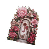 Maxbell Miniature Fairy Garden Door Wooden Garden Statue for Outdoor Lawn Decoration Pink Flower