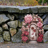 Maxbell Miniature Fairy Garden Door Wooden Garden Statue for Outdoor Lawn Decoration Pink Flower