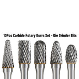Maxbell 10x Carbide Rotary Burr Set 1/4" Shank 6.35mm Double Cut for Milling Carving