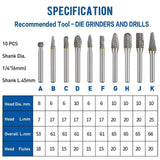 Maxbell 10x Carbide Rotary Burr Set 1/4" Shank 6.35mm Double Cut for Milling Carving