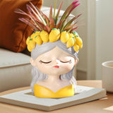 Maxbell Cute Resin Planter Gift Modern Girl Face Flower Pot for Balcony Table Garden Style A