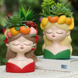 Maxbell Cute Resin Planter Gift Modern Girl Face Flower Pot for Balcony Table Garden Style D