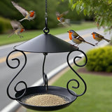 Maxbell Metal Roof Bird Feeder Feeding Bowl with Rain Cover for Terrace Yard Balcony black