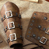 Maxbell 2xPU Leather Arm Guards Knight Armband for Halloween Carnival Theatrical Props Brown Lace