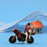 Maxbell 1/64 Girl Figure and Motorcycle Movie Props Desktop Ornament Diorama Scenery