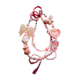 Maxbell Beaded Keychain Ornament Heart and Bow Decor Keyring for Children Women Gift Pink