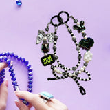 Maxbell Beaded Keychain Ornament Heart and Bow Decor Keyring for Children Women Gift Black