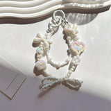 Maxbell Beaded Keychain Ornament Heart and Bow Decor Keyring for Children Women Gift White