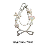 Maxbell Beaded Keychain Ornament Heart and Bow Decor Keyring for Children Women Gift White