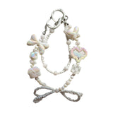 Maxbell Beaded Keychain Ornament Heart and Bow Decor Keyring for Children Women Gift White