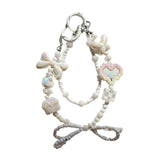 Maxbell Beaded Keychain Ornament Heart and Bow Decor Keyring for Children Women Gift White