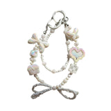 Maxbell Beaded Keychain Ornament Heart and Bow Decor Keyring for Children Women Gift White