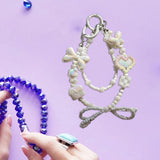 Maxbell Beaded Keychain Ornament Heart and Bow Decor Keyring for Children Women Gift White