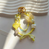 Maxbell Beaded Keychain Ornament Heart and Bow Decor Keyring for Children Women Gift Yellow